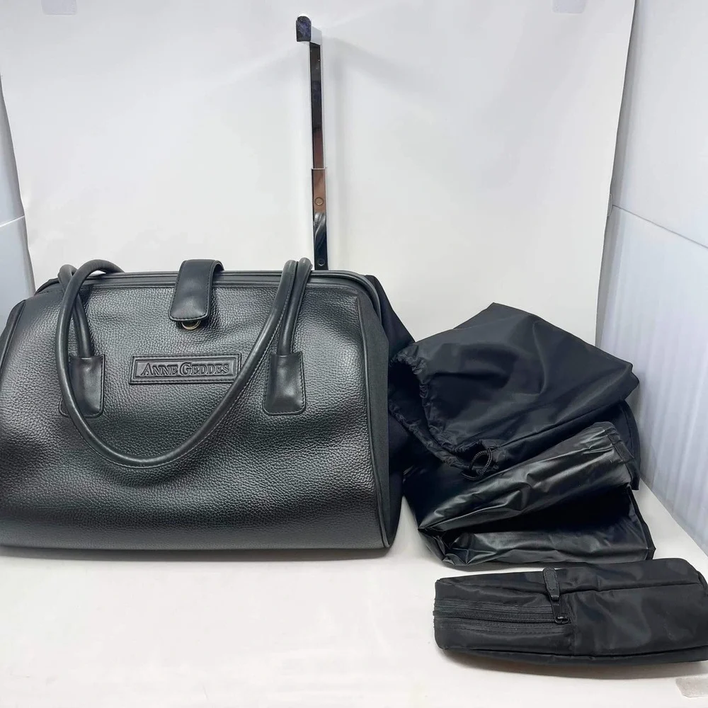 VTG Anne Geddes Diaper Bag Black Leather Doctor Duffle Travel Overnight 90s